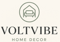 Minimalist VoltVibe logo featuring an elegant home-decor design with a sofa inside a house icon and stylish typography for premium branding.