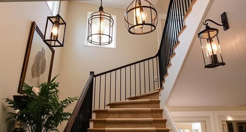 Modern staircase décor with glass railings, LED lights, and minimalist accents for a contemporary home design.